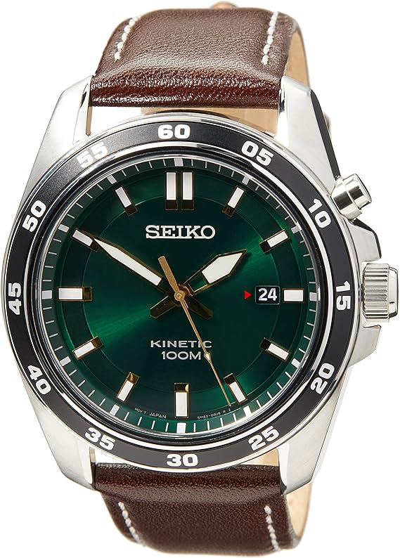 Seiko Kinetic Gents Watch - Casual Lifestyle, Green Dial, Brown Leather Strap, SKA791, 100m Water Re