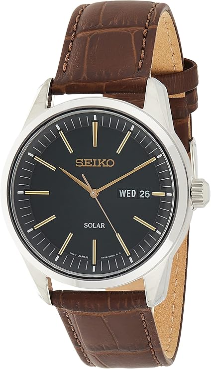 Seiko SNE529 Solar-Powered Men's Watch - Stainless Steel with Leather Strap, 100m Water-Resistant