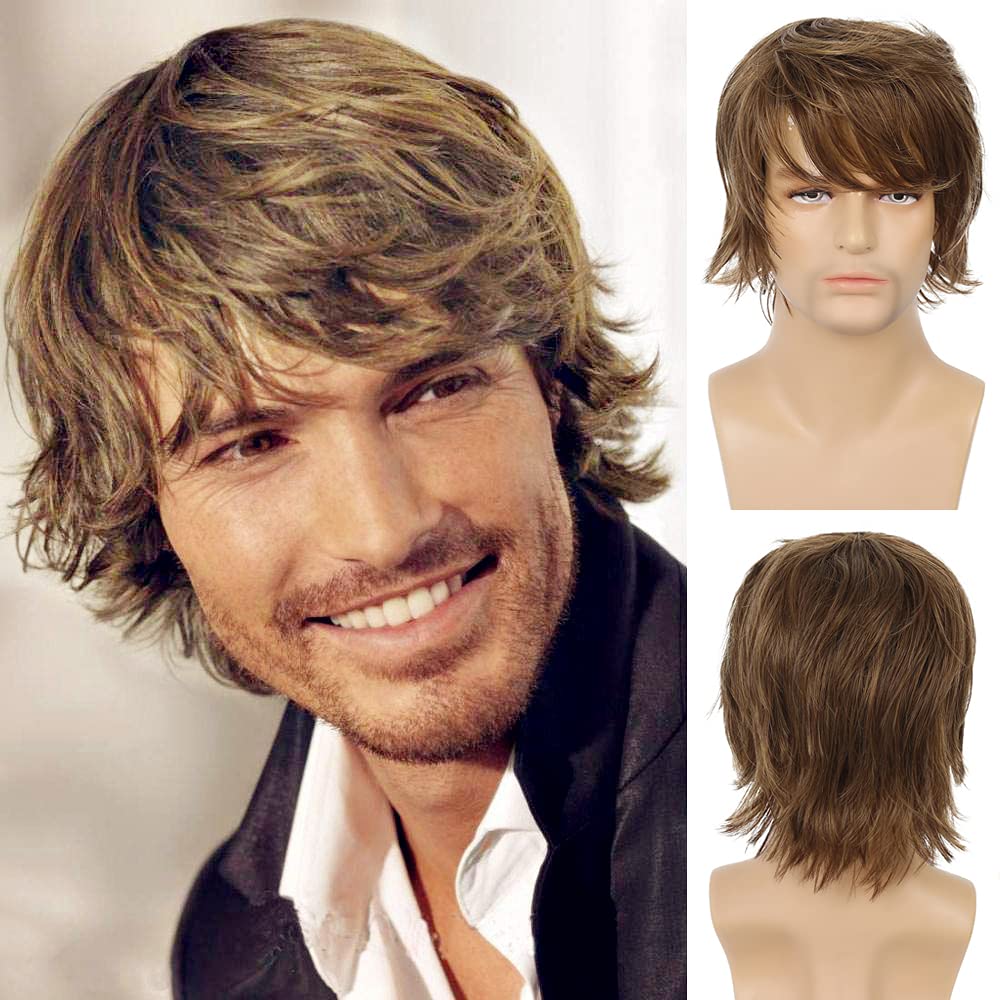 Short Brown Wig for Men, Layered Natural Fluffy Synthetic Hair Wig Halloween Cosplay with Wig Cap - Light brown