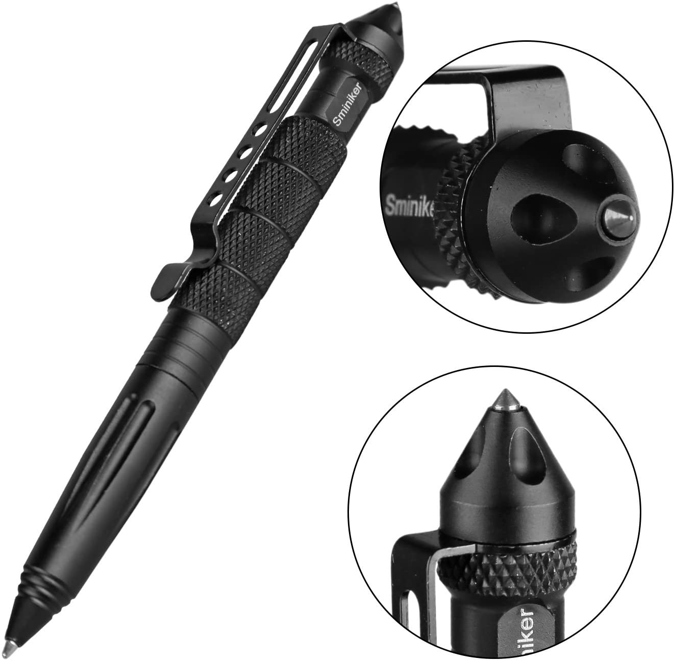 Sminiker Professional Defender Tactical Pen With 6 Ink Refills Aircraft Aluminum Self Defense Pen (Black)