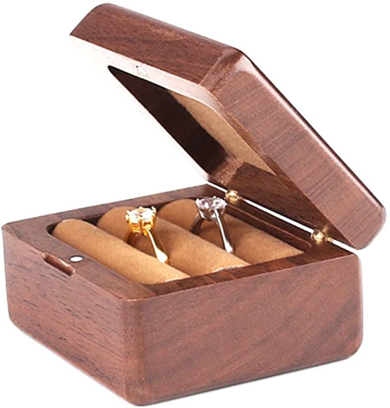 Solid Wood Lighter Style Slim Walnut Single Ring Box Wooden Box for Engagement Rings, Promise Rings & Wedding Bands - Magnetic Proposal Ring Box - Rustic Jewelry Box for Mr and Mrs
