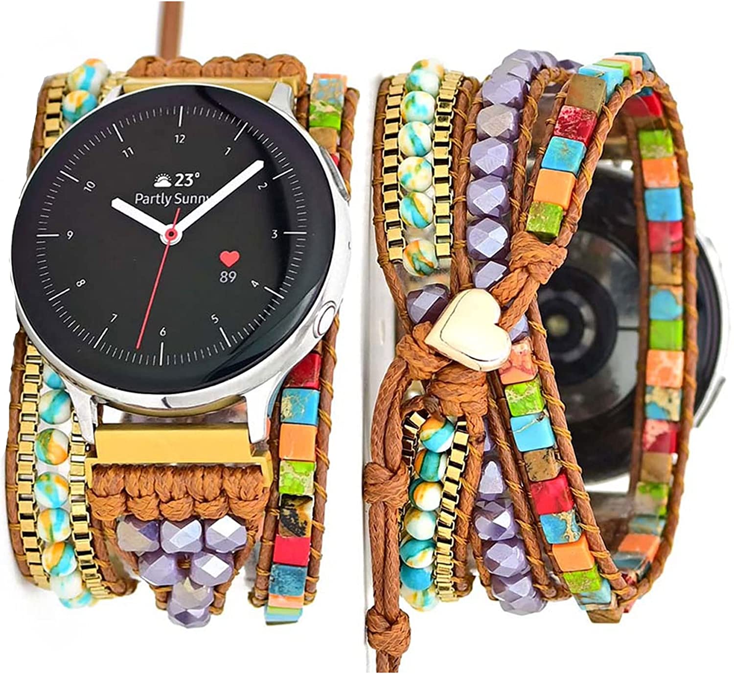 Somesame Compatible with Samsung Galaxy Watch 4 40mm 44mm Band/Active 2, Galaxy Watch 3 41mm/Watch 4 Classic 42mm 46mm/Watch 42mm, 20mm Boho Beaded 3 Wraps Chakra Bracelet Watch Strap for Women