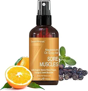 Seven Minerals Sore Muscles Magnesium Spray 4 Oz| Organic Blend Of Black Pepper, Orange & Sweet Marjoram Oils | For Joints, Cramps, Stiffness, Pain Relief, Improved Circulation, Fibromyalgia & More