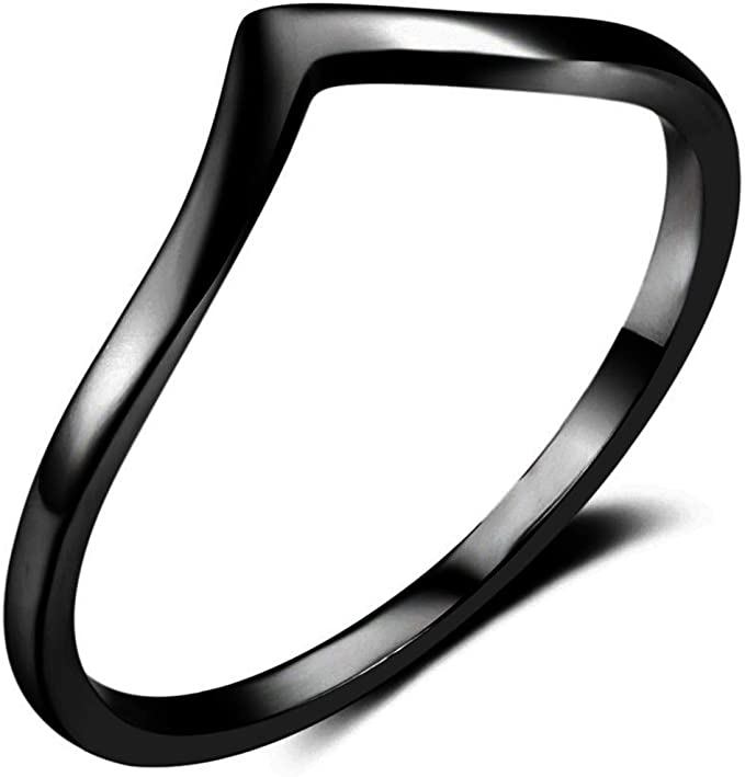 Stainless Steel Pointed Chevron Classical Simple Plain Statement Promise Ring - Black