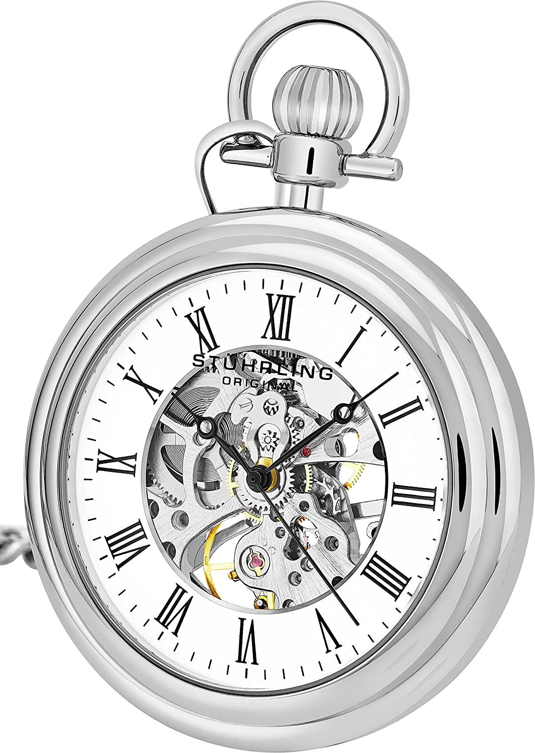 Stuhrling Original Mens Vintage Hand Wind Mechanical Analog Skeleton Pocket Watch with Chain - Stainless Steel