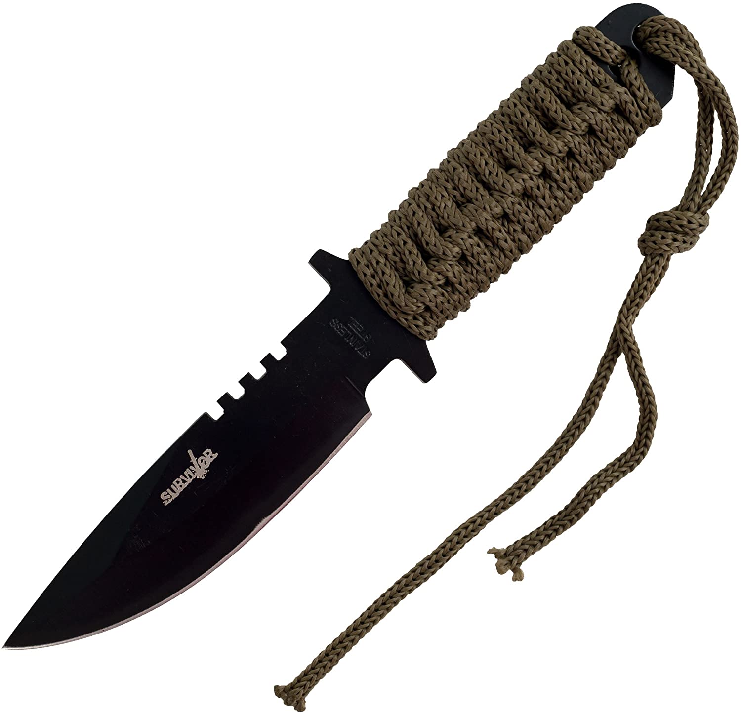Survivor HK-7525 Fixed Blade Outdoor Knife, Black Blade, Military Green Cord-Wrapped Handle, 7.5-Inch Overall