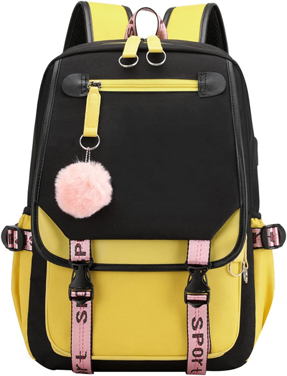 Teenage Girls' Backpack Middle School Students Bookbag Outdoor Daypack with USB Charge Port  - Yellow & Black