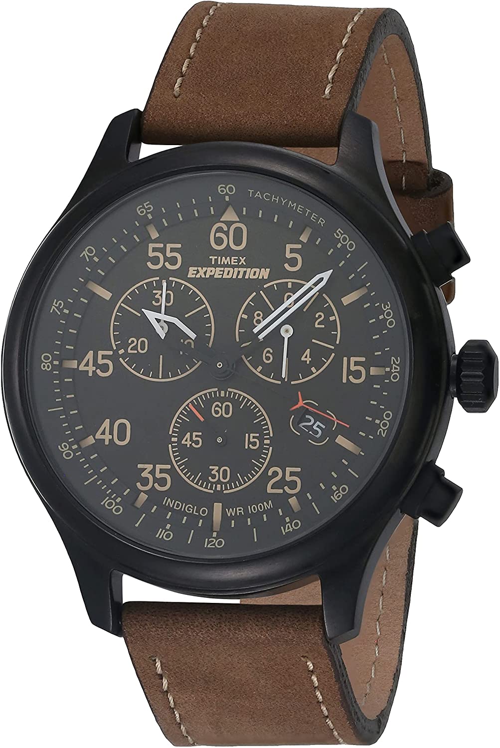 Timex Men s T49905 Expedition Rugged Field Chronograph Black/Brown Leather Strap Watch