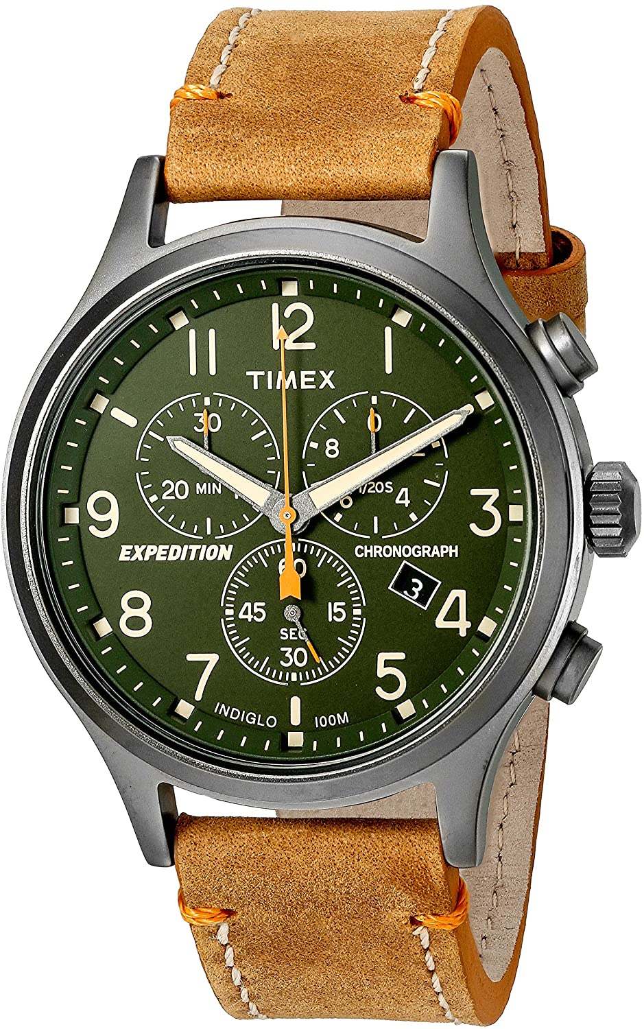Timex Men's TW4B04200 Expedition Scout Chronograph, Tan/Green Watch with Leather Slip-Thru Strap Watch