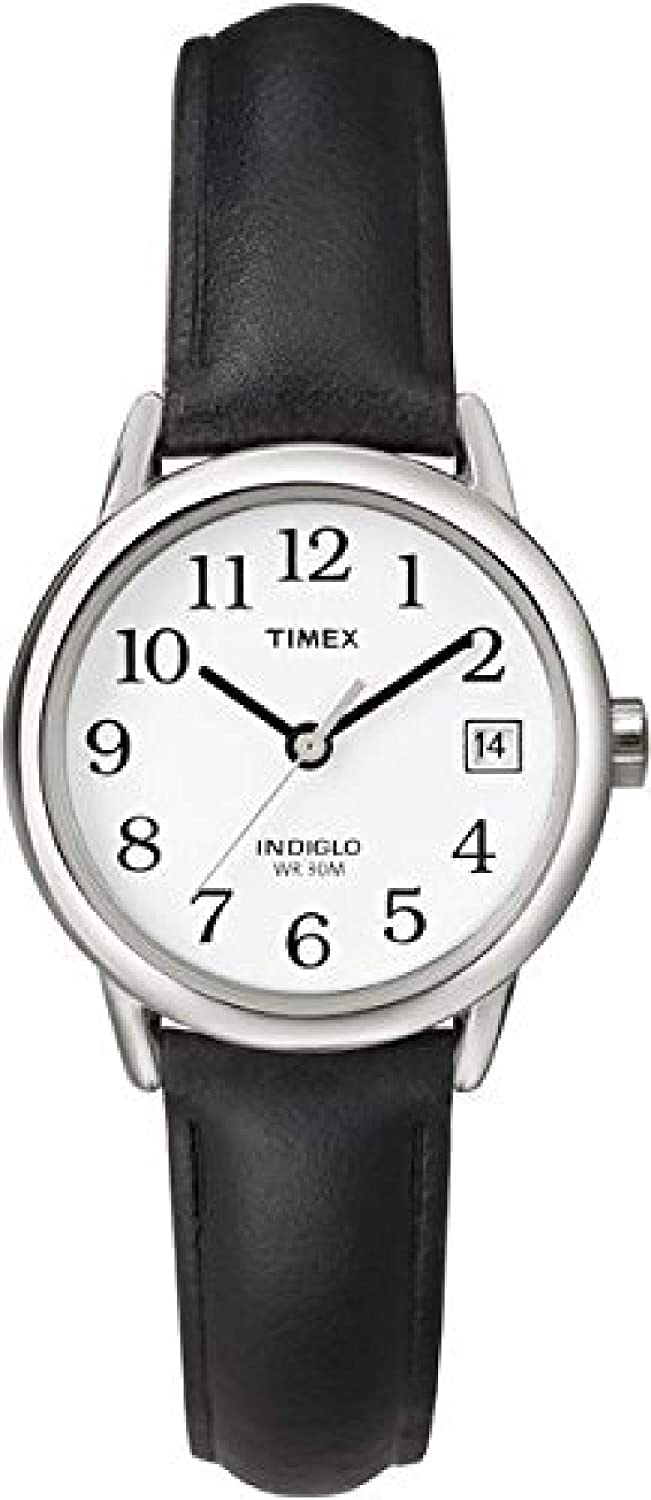 Timex Women T2H331 Quartz Easy Reader Watch with Analogue Display and Genuine Leather Strap Black Band,White Face