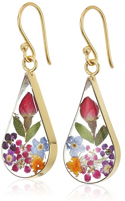 Sterling Silver Pressed Flower Teardrop Earrings -
