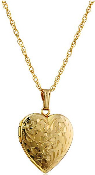 14k Yellow Gold-Filled Engraved Flowers Heart Locket, 18"
