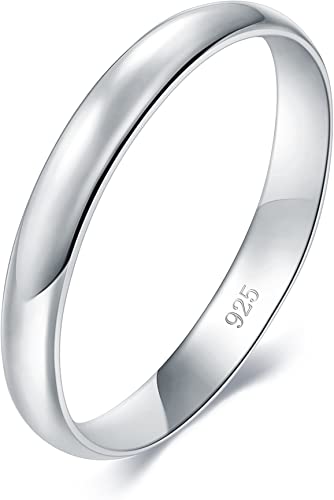 BORUO 925 Sterling Silver Ring High Polish Plain Dome Tarnish Resistant Comfort Fit Wedding Band 2mm