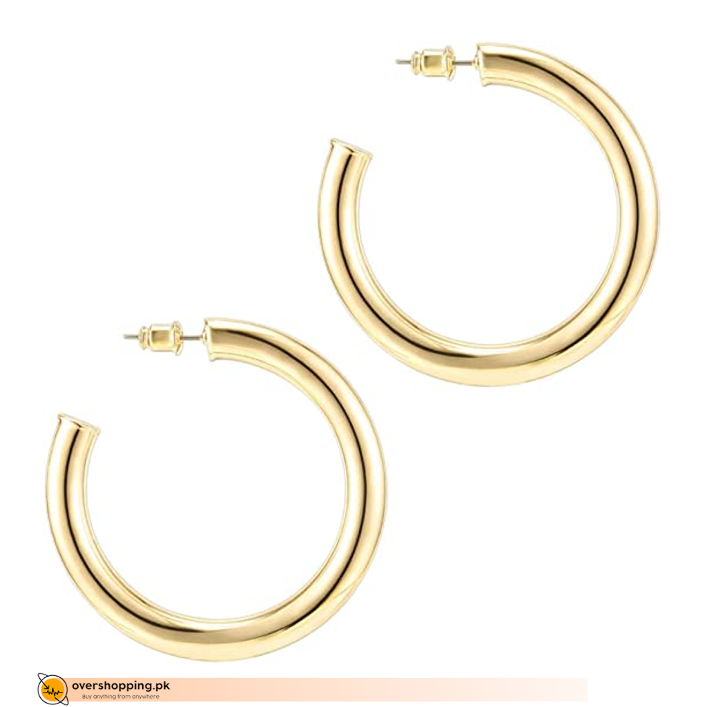 14K Gold Colored Lightweight Chunky Open Hoops, Go