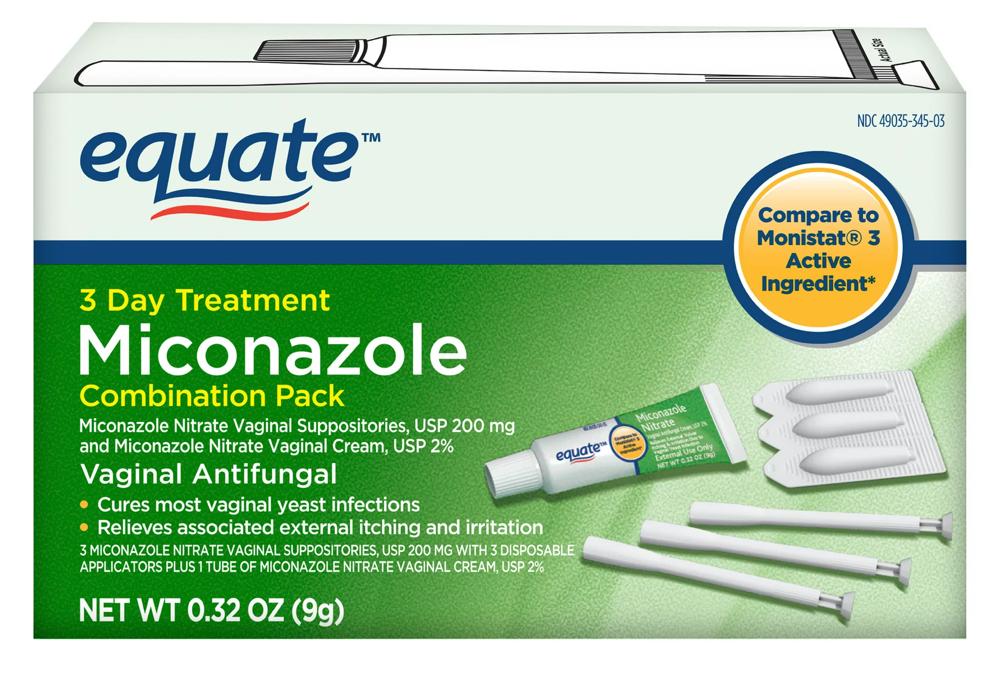 Equate - Miconazole 3 Day Treatment, Disposable Suppositories Plus Cream, 0.32 oz