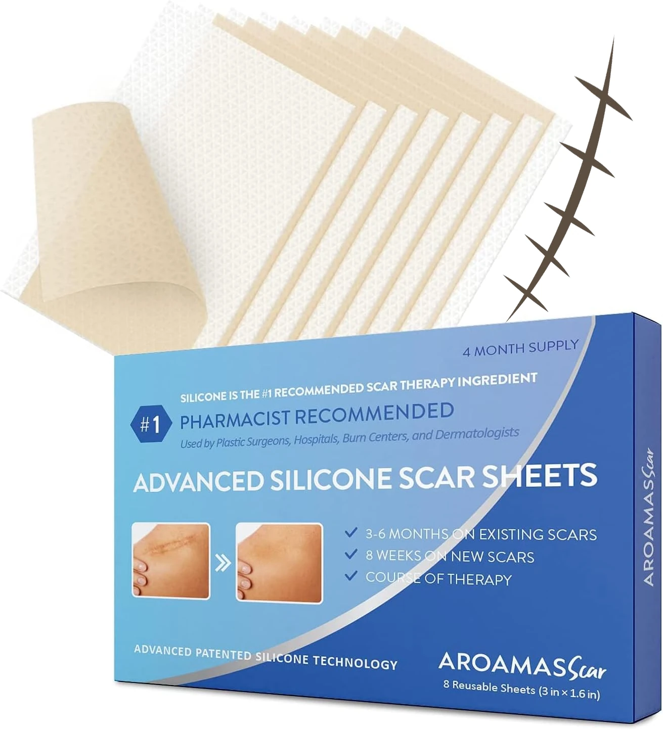 Aroamas Scar Professional Soft Silicone Scar Sheets Strips, 8 Sheets