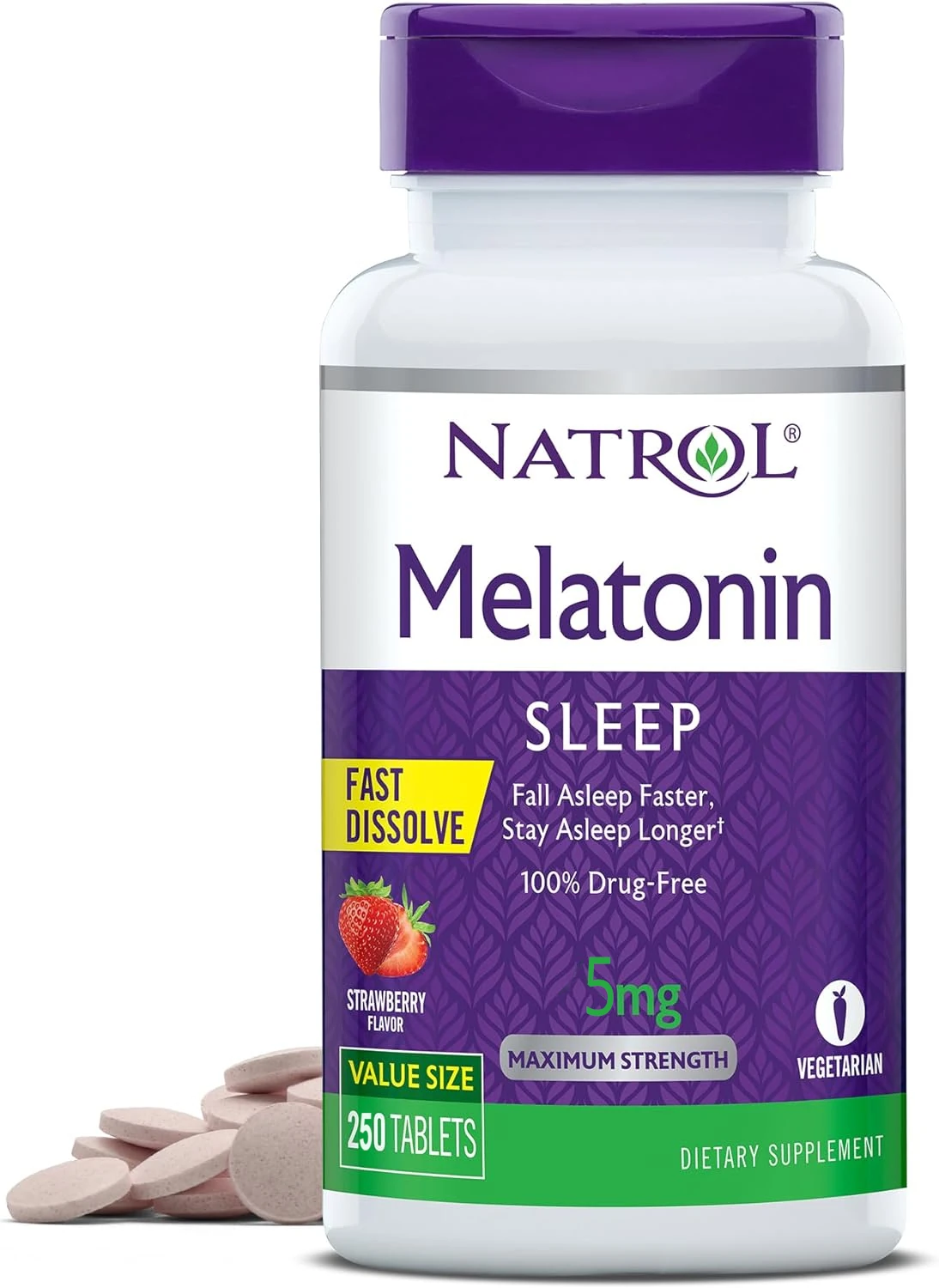 Strawberry Flavored Melatonin Tablets, Natrol Melatonin 5mg Fast Dissolve Tablets for Sleep Aid, 250