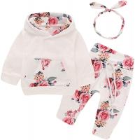 3Pcs Infant Toddler Baby Girl Clothes Long Sleeve Hoodie with Pocket Tops Floral Pants Outfits Set w