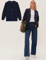 M&S COLLECTION - Textured V-Neck Relaxed Boyfriend Cardigan Sweater - Navy Mix