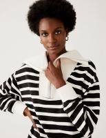 Cotton Rich Striped Collared Sweatshirt - Black Mi…
