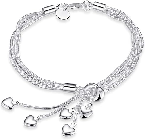 925 Sterling Silver Heart Chain Bracelet for Women – Elegant Multi Charm Bangle Pakistan