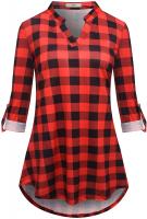Luranee Women 3/4 Roll Sleeve Shirts Notch V Neck Flowy Plaid Tunic Blouses