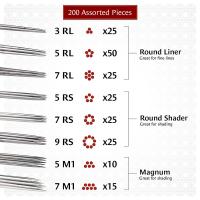 One Tattoo World 200pcs Assorted Tattoo Needles | 100 Round Liner