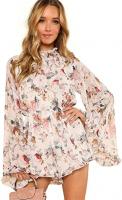 ROMWE Women's Floral Printed Ruffle Bell Sleeve Lo