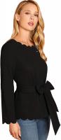 Romwe Women's Bow Self Tie Scalloped Cut Out Elegant Office Work Tunic Blouse Top