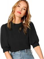 SheIn Women's Puff Sleeve Casual Solid Top Pullover Keyhole Back Blouse M-Black