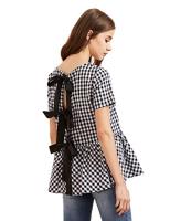 SheIn Women Cute Short Sleeve Bow Tie Checkered Pe&hellip;