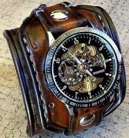 Steampunk Leather Cuff Watch, Skeleton Men's watch