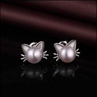 ZowBinBin Cat Ear Stud Earrings Freshwater Cultured Shell Pearl Stud Earrings Sterling Silver Cat Ea