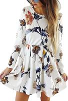 Womens Dresses Casual Floral Print Long Sleeve Swing Pleated Skater A Line Mini Dress - 7.7Oz (218g)