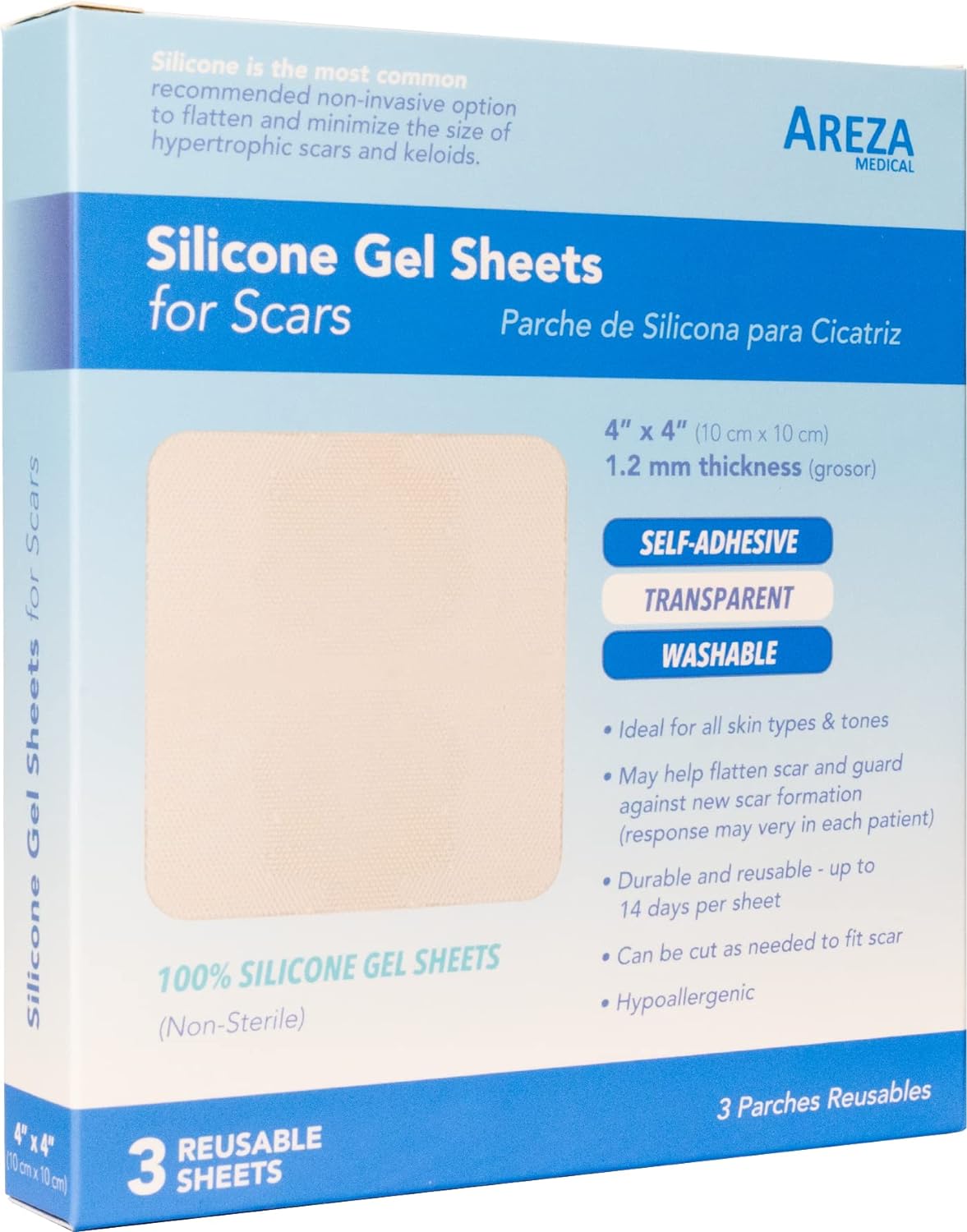Areza Medical Silicone Gel Sheets for Scars, 4" x 4", 3 Sheets per Box, Medical Grade Sili