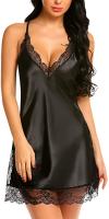 Avidlove Women Lingerie Satin Lace Chemise Nightgown Sexy Nighty Full Slips Sleepwear – (Black, X-