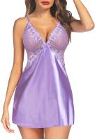 Avidlove Women V Neck Nightwear Satin Sleepwear Lingerie with Silk Lace Chemise Mini Teddy - (Violet