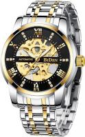 Biden Men's Mechanical Automatic Watch, Stainless Steel Luxury Watch, Self-Winding Diamond Dial Watch - Gold