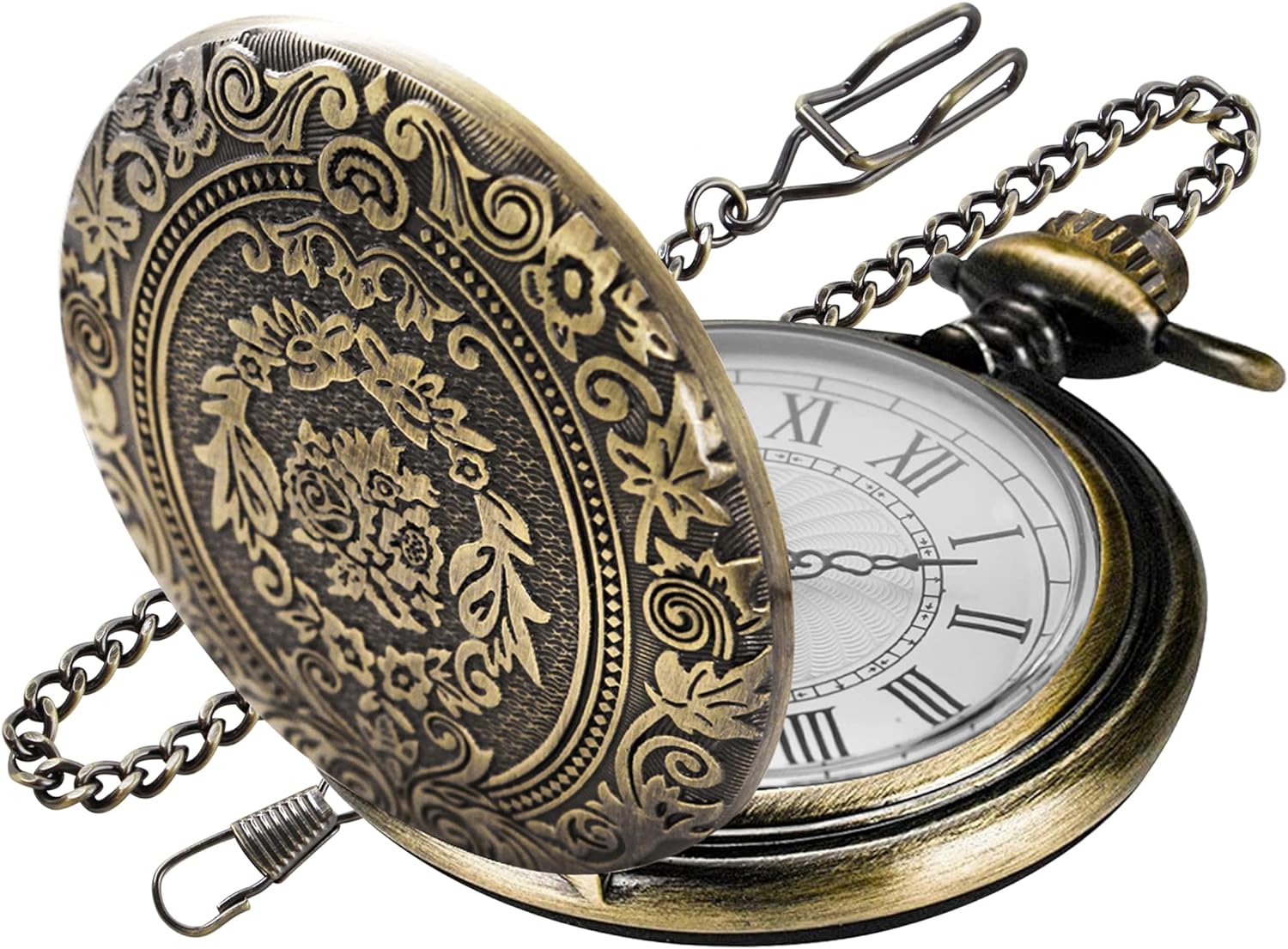 Bronze Flower Pattern Pocket Watch White Roman Numeral Scale Quartz Pocket Watches for Men with Chai