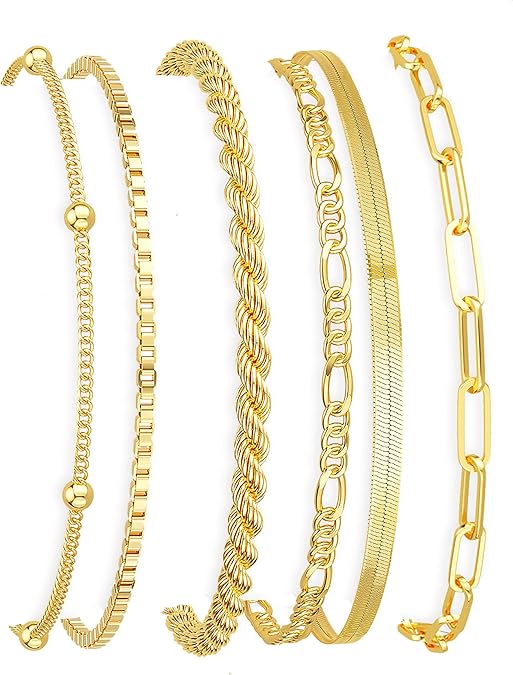 DEARMAY 14K Gold Plated Stackable Bracelets for Women - Waterproof Cuban Link Chain Jewelry Set