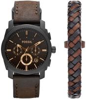 Fossil Men's Machine Stainless Steel Case Quartz Chronograph Watch - Black with Brown Bracelet Set