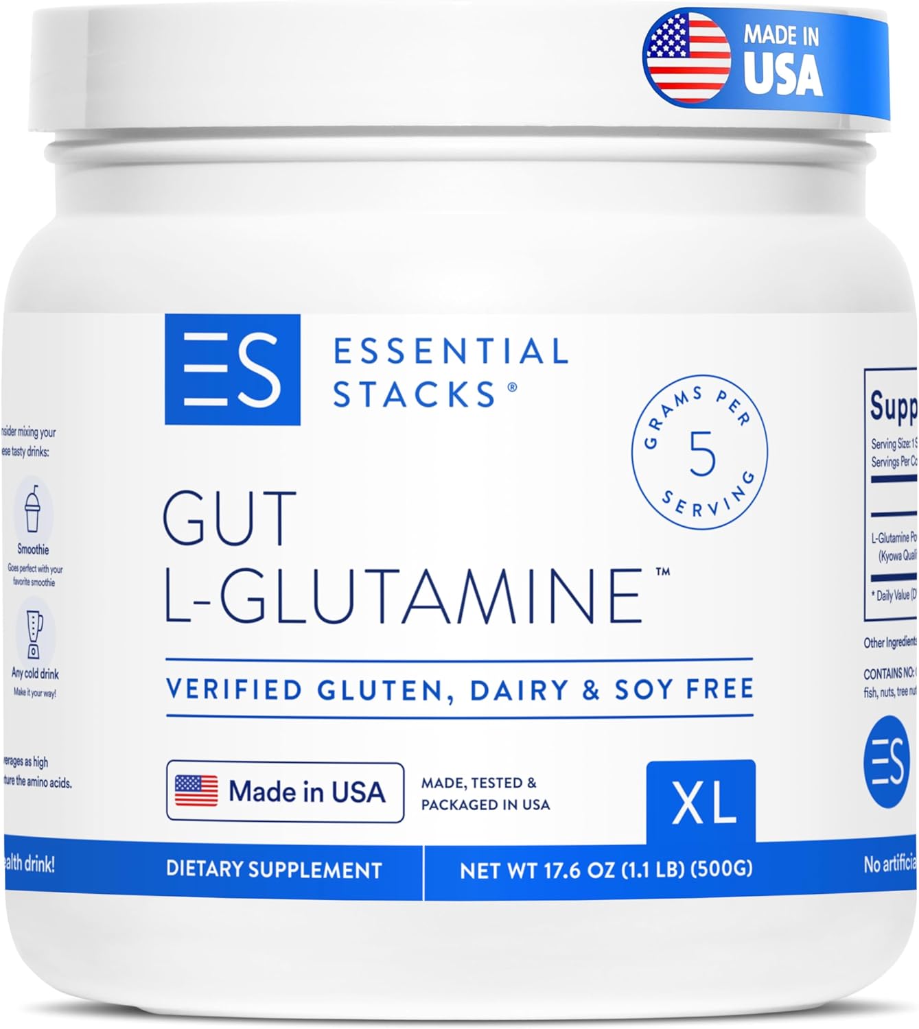 Essential Stacks Gut L Glutamine Powder XL (500 Grams) - Made in USA, Unflavored (100 Servings)