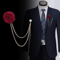 Hand-Made Rose Flower Brooch Lapel Pin Badge Tassel Chain Men's Suit Accessories - Red