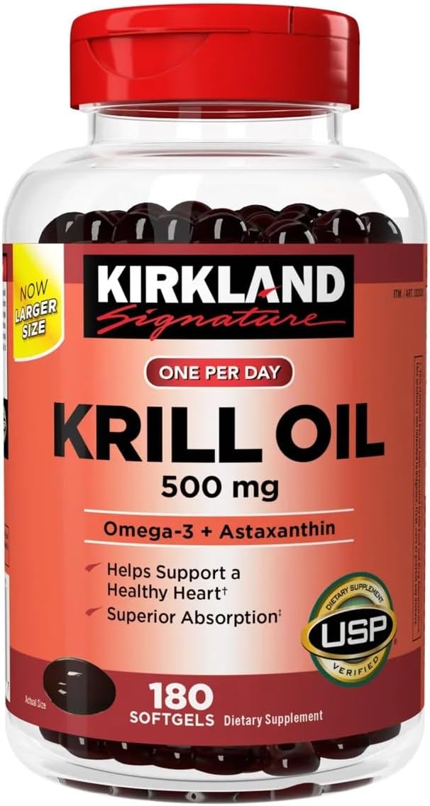 KIRKLAND Signature Krill Oil 500mg – 180 Softgels (Imported Omega-3, Astaxanthin & Heart Healt