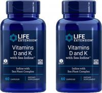 Life Extension Vitamins D and K with Sea-Iodine, (2 pack) - 60 Capsules