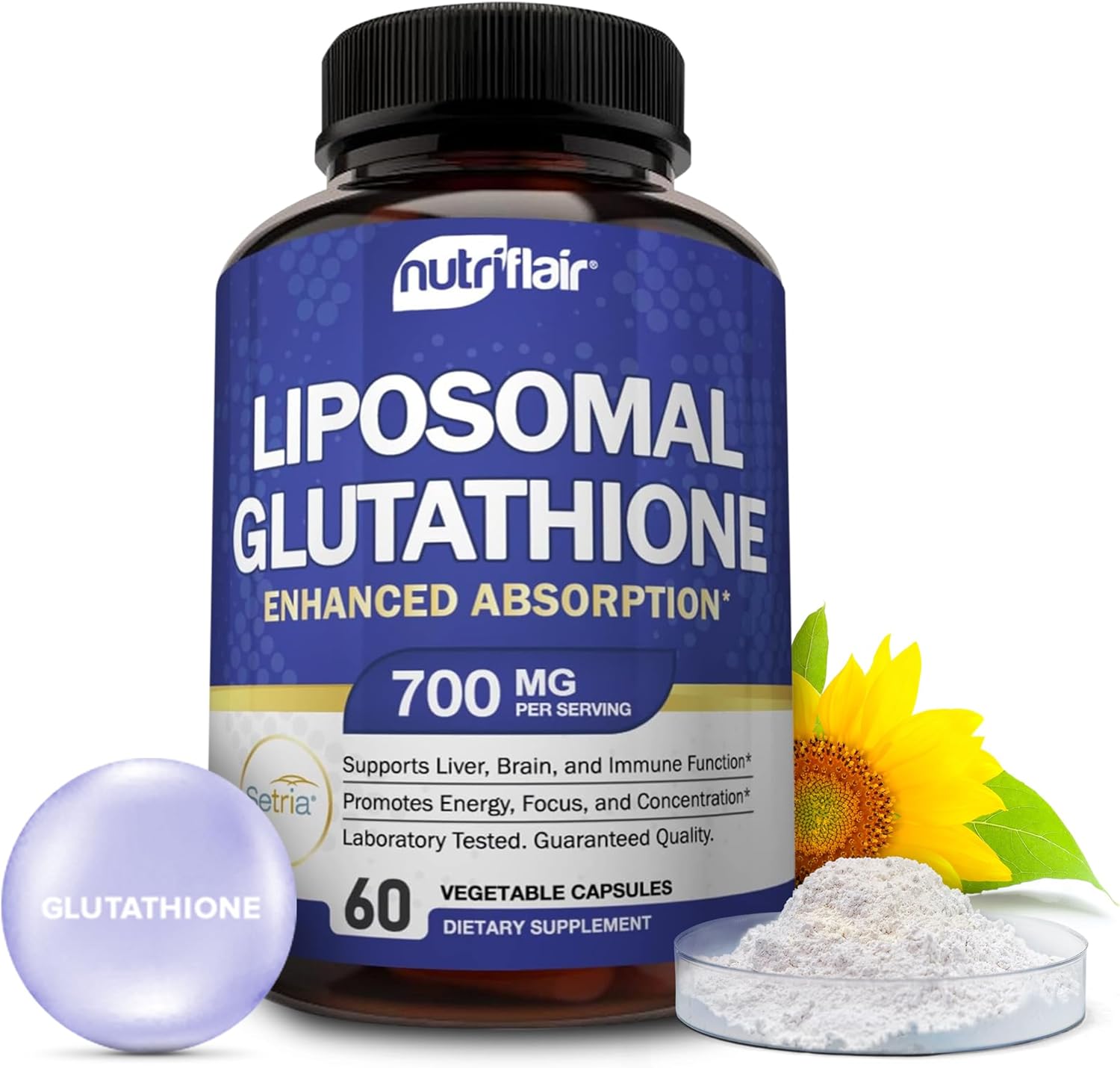 NutriFlair Liposomal Glutathione Supplement Setria® 700mg Support Liver, Brain, Immune, and overall
