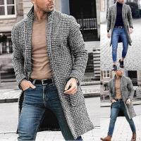 Men's Houndstooth Long Coat Casual Winter Fashion Wool Jacket Classic Slim Outwear - A-Gray