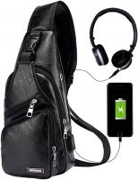 Men's Leather Sling Waterproof Bag ,Chest Shoulder Daypack Crossbody Bag with USB - Black