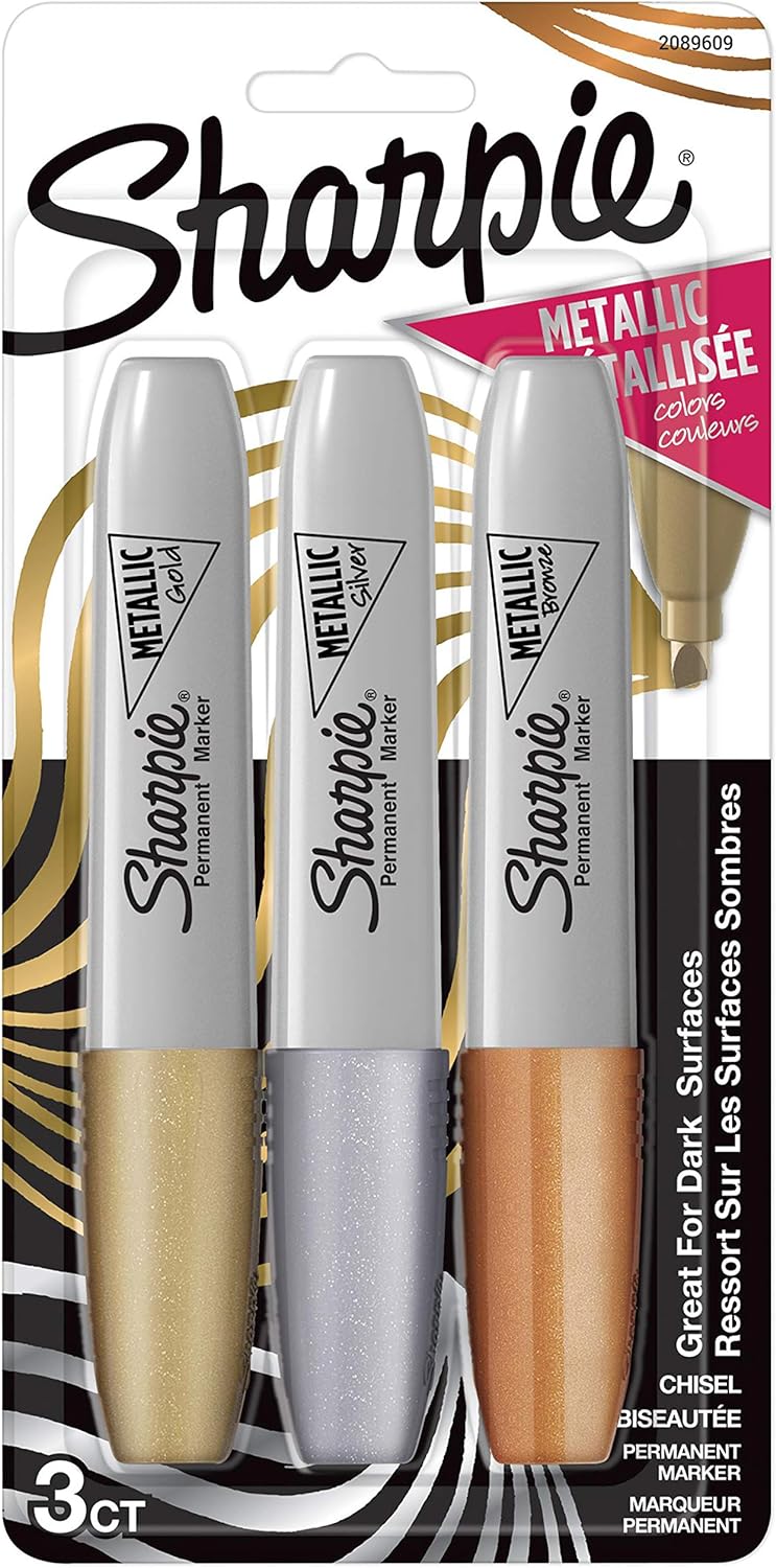 Sharpie Metallic Permanent Markers with Chisel Tip in Assorted Colors, Pack of 3