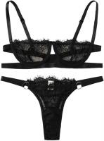 SheIn Women's 2 Piece Sexy Lace Strap Bralette Bra and Panty Lingerie Set - Large